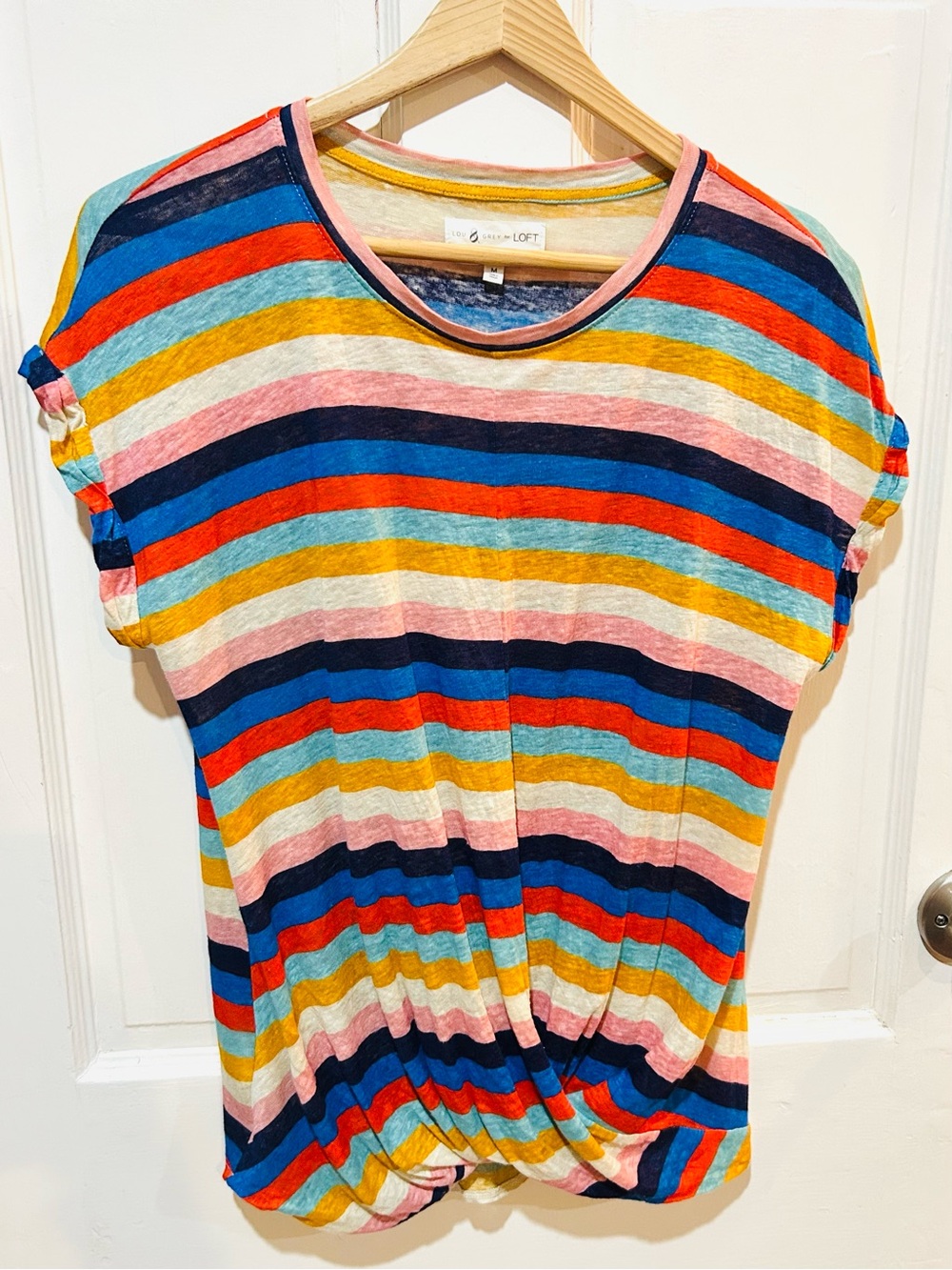 Lou & Grey Striped Twist Hem Short Sleeve Linen Top Coastal Preppy Size M